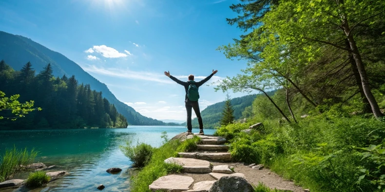 Man standing in the woods near a body of water