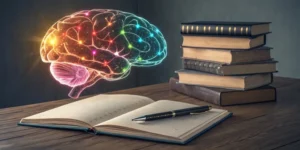 Brain on a table of books