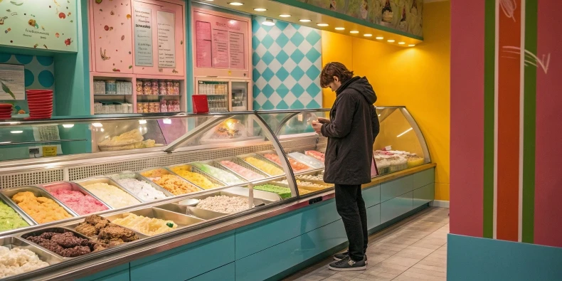 Person choosing between different ice cream flavors