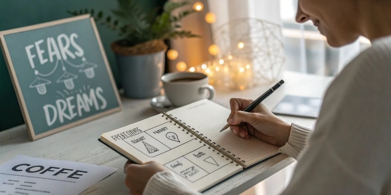 A man sits at a desk with an open notebook