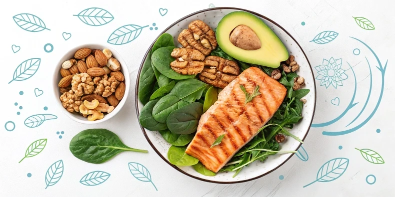 Grilled salmon, walnuts, green vegetables and avocado slices