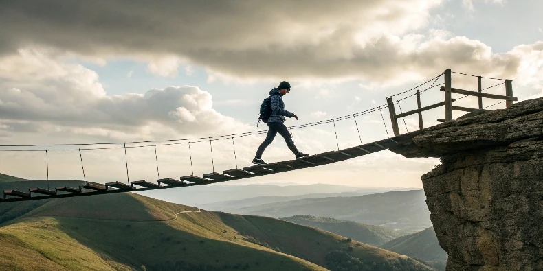 A person at the edge of a cliff with a bridge