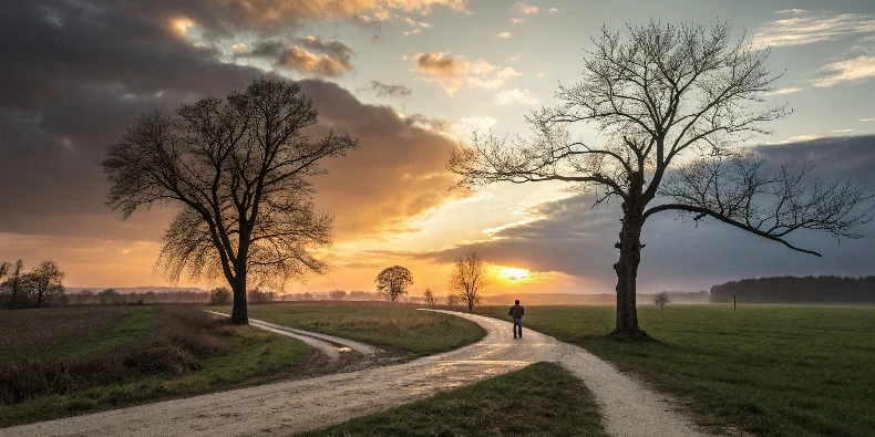 The path is divided into two parts. One side is illuminated by sunrise, blossoming trees and a sense of growth, while the other side is darker