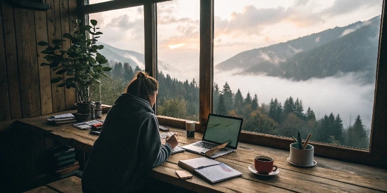 Person at a desk by a window overlooking nature