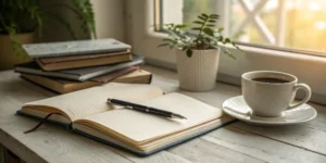 Desk with an open journal, a pen lying across the pages, a cup of coffee