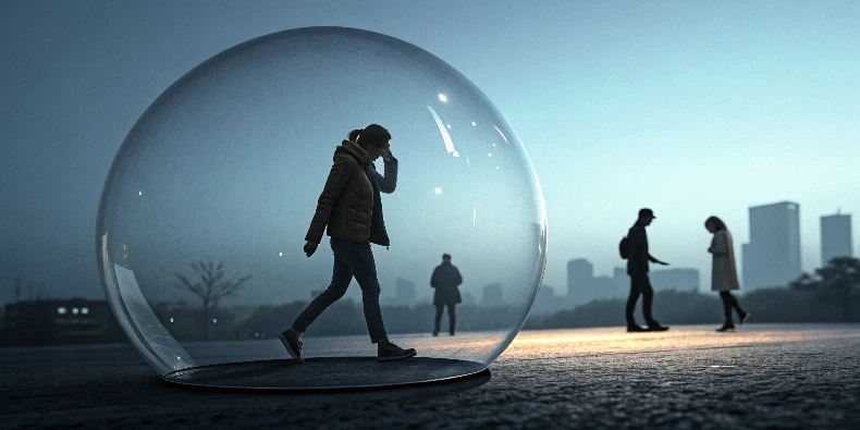 A person in a glass sphere, afraid to trust/