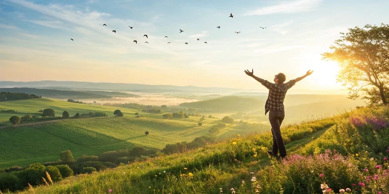 A person on a hill under the sun, feeling happiness