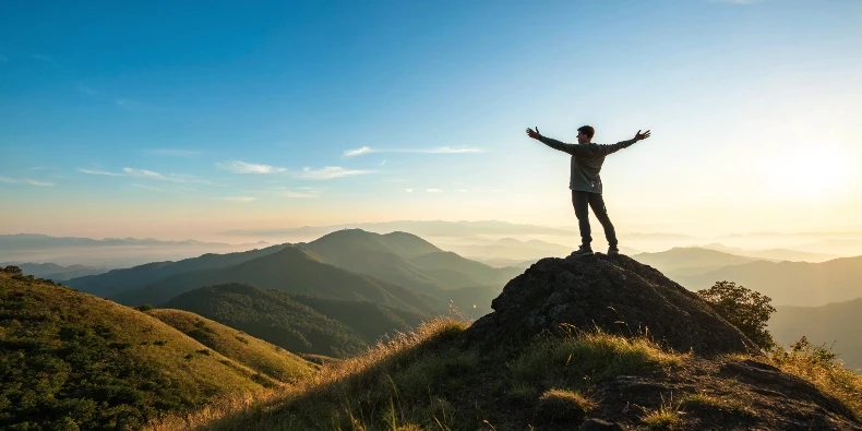 A person standing on a peak, feeling confident