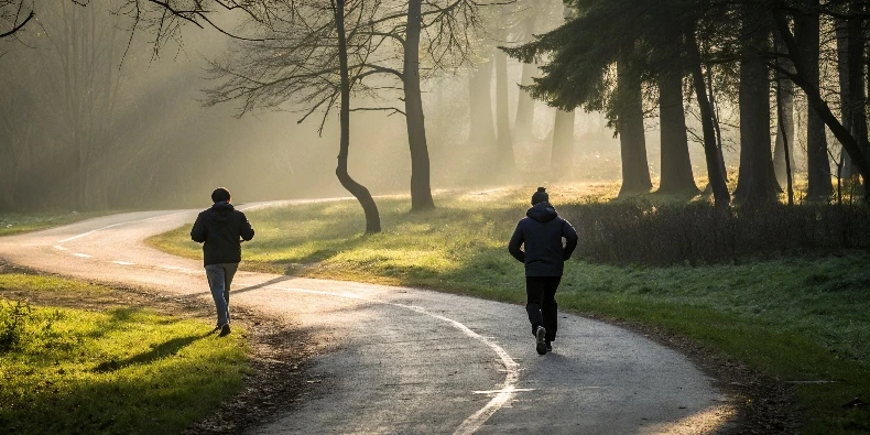 Two people running through the woods