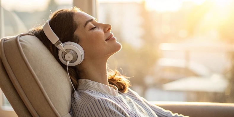 A woman listening to affirmations through headphones