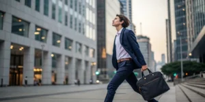 A man in a suit with a bag is walking through the city