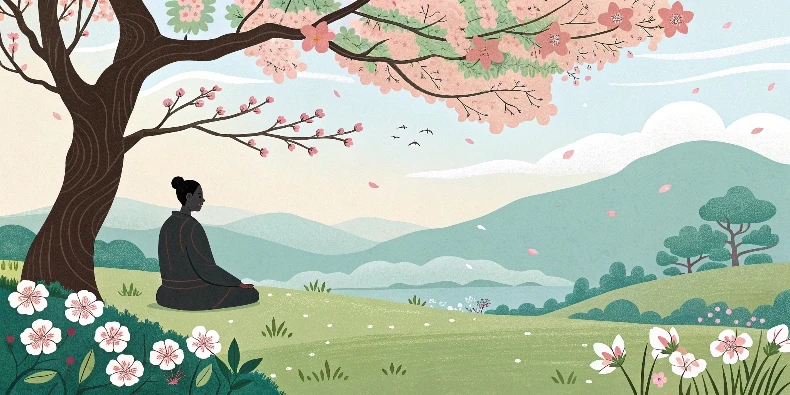 Japanese samurai meditates under a tree