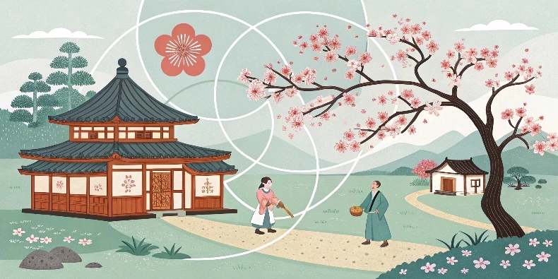 Japanese house and two Japanese people 